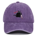 Detailed embroidery of a black cat with a knife and WHAT? text on a washed purple cap - Purple