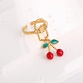 Golden evil eye open ring featuring red cherry enamel charms and a polished finish - Evil Eye Cherry Style (J-20020)