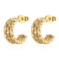 Three-layer 18K gold plated stainless steel C-shaped earrings with diamond cut texture - Triple Layer Diamond Cut Textured Style (MS-267)