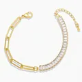Close-up of golden paperclip chain bracelet with baguette-cut zircon stones and lobster clasp - White