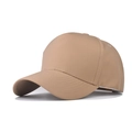 Detailed close-up of a khaki six-panel cotton baseball cap with curved brim and top button - Khaki