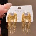Detail showing S925 silver needles on gold flower tassel earrings with white pearls - Gold (36# Silver Pin)