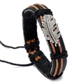 Adjustable braided PU leather bracelet with a vintage silver feather pendant charm - Leaf-Black