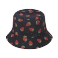 Close-up of cute strawberry embroidery and stitching on a black reversible bucket hat - Black
