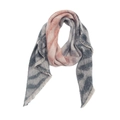 Detailed view of the gray and white zebra pattern scarf with soft pink gradient and tassels - Zebra Khaki Grey