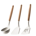 3-piece white silicone cooking utensil set with natural wooden handles on white background - White 3-Piece Set