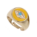 Gold evil eye open ring with blue center bead and yellow enamel finish on white background - Adjustable Open / Yellow