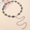 Detail of silver bohemian metal waist chain with oval floral carvings and adjustable link - Antique Silver Oval Carved Decoration (3816)