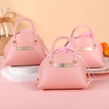 Pink leather wedding candy gift bags in shell handbag style with Sweet Love tag - Pink