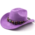 Bohemian purple faux suede cowboy hat with ethnic beaded band and turquoise accent - M (56-58cm) / Taro Purple