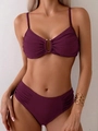 Detail of purple bikini top with pleated fabric and gold metal ring hardware accent - S / Fuschia