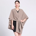Elegant camel knit poncho cape with front knot detail for women on black dress - One Size / Khaki