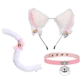 Cosplay set featuring white plush cat ears headband, pink collar, and matching tail - White Pink Cat Ears + Bell Leather Choker + Tail