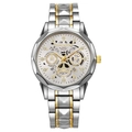 Dettaglio macro di un orologio da uomo con quadrante traforato e cinturino bicolore - Oro-Argento Bianco