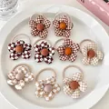 Cartoon flower hair tie set with checkered and houndstooth patterns in earth tones - Coffee Flower Double-Layer Flower 10Pcs Set