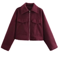 Detail shot of wine red woolen jacket featuring a metal zipper and lapel collar texture - XS / Burgundy