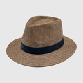Classic brown paper straw fedora hat with black ribbon for sun protection and beach style - Coffee