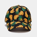 Detailed close-up of vibrant banana and tropical leaf print on a black baseball cap - Black All-over Banana Style