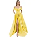 Elegant bright yellow off-shoulder satin gown with a high slit for formal evening parties - US 2 / Yellow