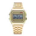 Detailed close-up of a gold digital watch featuring an LCD screen and metal link strap - Gold Square Digital Watch