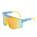 Sport shield sunglasses with orange-blue gradient lens and light blue splattered frame - C16 Blue Red Splatter