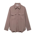 Close-up of brown silk-like long sleeve blouse featuring front buttons and flap pockets - XS / Rouge Red