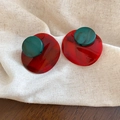 Macro detail of geometric resin earrings with red and green marble texture on fabric - 86# Silver Earring Post - Red - Green