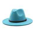 Detailed macro view of lake blue wool fedora hat with brown leather buckle strap - M (56-58cm) / Lake Blue