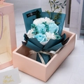 Detail of blue soap roses and white carnations in a gift box with a pink carrying bag - 7 Flowers Mixed No Light with Mother's Day Card / Blue