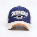 Retro baseballpet van blauwe denim en beige stof met San Francisco borduurwerk - Verstelbaar / Broken Wit