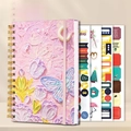 Pink 3D oil painting textured spiral notebook with stickers and elastic band - Moonlight Butterfly (Pink) + Gilded Stickers