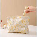 Trousse à maquillage en toile beige avec broderie florale et étiquette H&R - Beige Coton Lin Grand