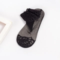 Elegant black lace ankle socks with leaf pattern mesh and breathable sheer cotton sole - Bare Socks / Black
