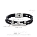 Men's multilayer braided black leather bracelet with silver stainless steel curved plate - Silver & Black Plate (W-18-3)