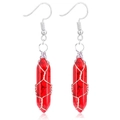 Detail of red hexagonal stone earrings with silver wire wrapping and fishhook ear hooks - Wire Wrapped Hexagonal Prism Earrings / Silver Red Turquoise Earrings