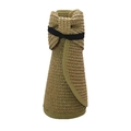 Detail view of foldable straw sun hat with black bow and elastic band for portability - Dark Khaki