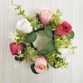 Artificial rose wreath candle holder with pink and red flowers and eucalyptus leaves - Rose Red