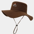 Detail of wide-brim outdoor hat showing embroidery logo and adjustable chin strap - Coffee