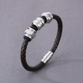 Men's dark brown braided leather bracelet with silver metal beads and magnetic clasp - Type B Brown Bracelet