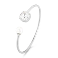 Bracciale rigido argento con zircone quadrato e perla bianca dallo stile moderno - Bianco + Argento