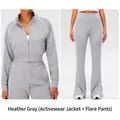 Women's two-piece yoga set in grey featuring contrast piping and a slim-fit zip jacket - S / Heather Grey (Sport Jacket + Flare Pants)