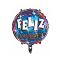 Blue and purple 18-inch foil balloon with gold Feliz Cumpleaños Spanish birthday text - Colorful Round Spanish Birthday Balloon