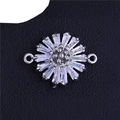 Star-shaped silver connector with zircon stones and side rings on dark leather - Silver Sunburst Connector (L0657-B)
