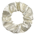 Detailed macro view of cream satin scrunchie showing fine fabric texture and silk shine - Off White