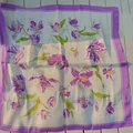Elegant white square silk scarf with purple iris floral pattern and green leaves border - Purple Floral Square Scarf / 65