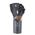 Grey 14-piece silicone kitchen utensil set with wooden handles in a matching storage bucket - 12 Pcs Set (760g) / Dark Gray