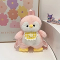 Cute pink plush penguin backpack for girls featuring a yellow checkered bib and soft texture - Pink