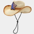 Detailed view of woven straw cowboy hat featuring American flag star sequin and drawstring - One Size / Star Pattern Light Khaki