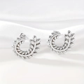Silver wheat ear hoop earrings with leaf design on elegant white silk background - Steel