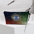 Detail of waterproof makeup bag with colorful galaxy nebula print and evil eye charm - Starry Sky Evil Eye